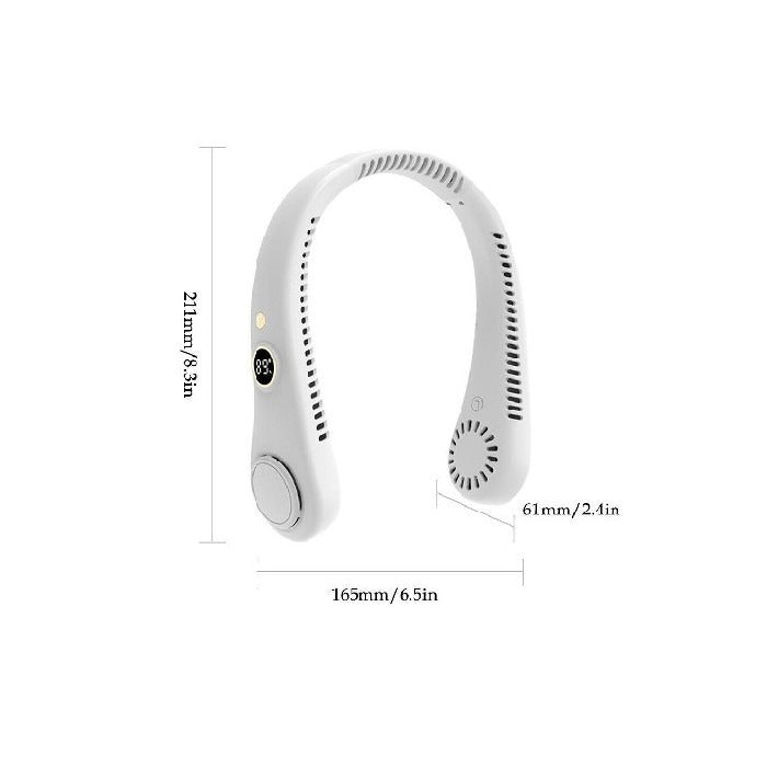 Detail view of the 5-speed settings on a bladeless neck cooling fan. Portable personal comfort device.