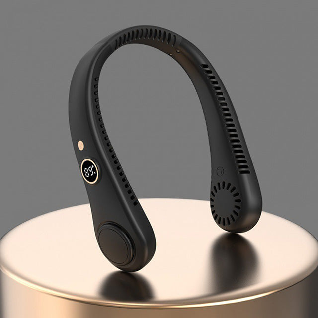 Side view of the lightweight, portable bladeless neck fan. 5-speed personal cooler for all-day wear.
