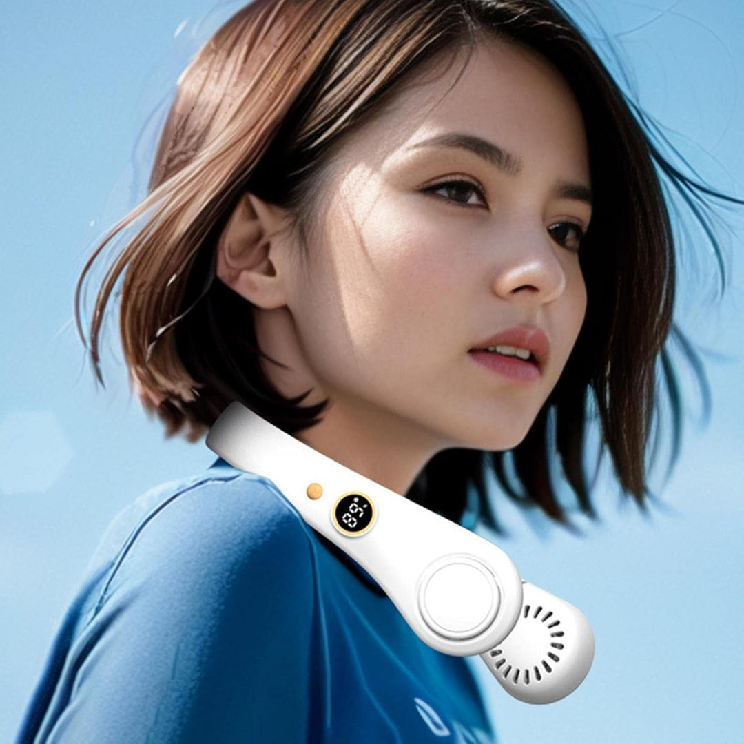 Rechargeable bladeless neck fan for outdoor activities. 5-speed personal cooler for travel & fitness.