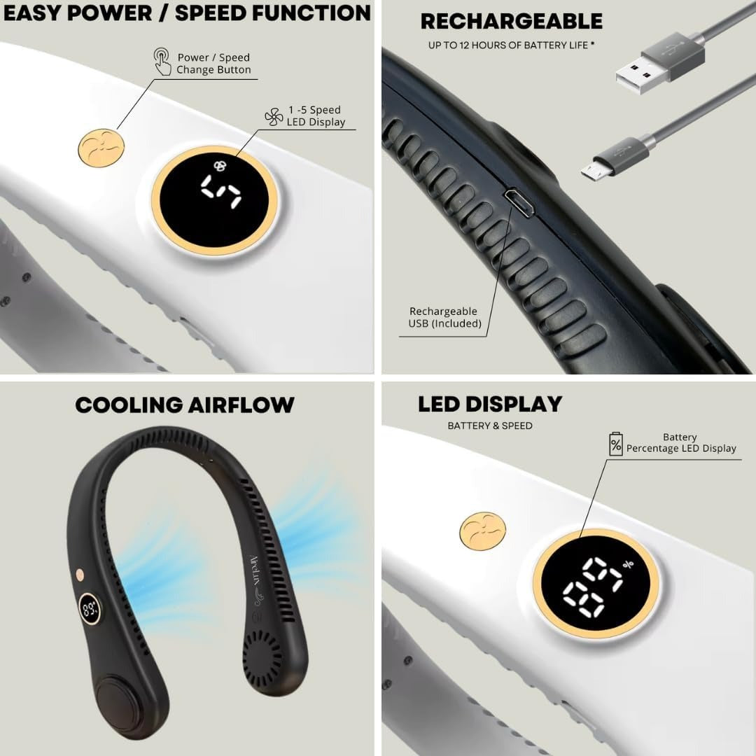 Close-up of the sleek bladeless design of a neck cooling fan. 5-speed, rechargeable & highly portable.