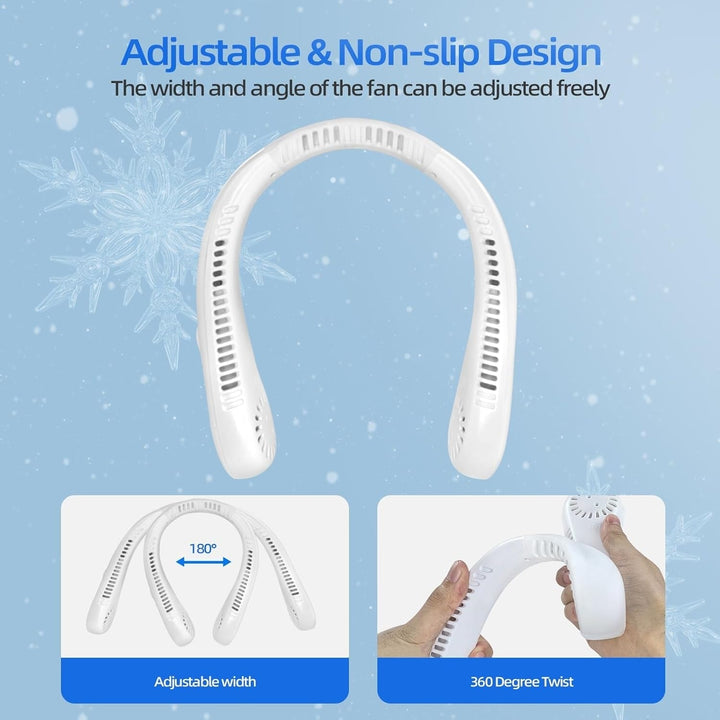 Hands-free 5-speed neck fan in use. Bladeless personal cooler for working out or daily commutes.