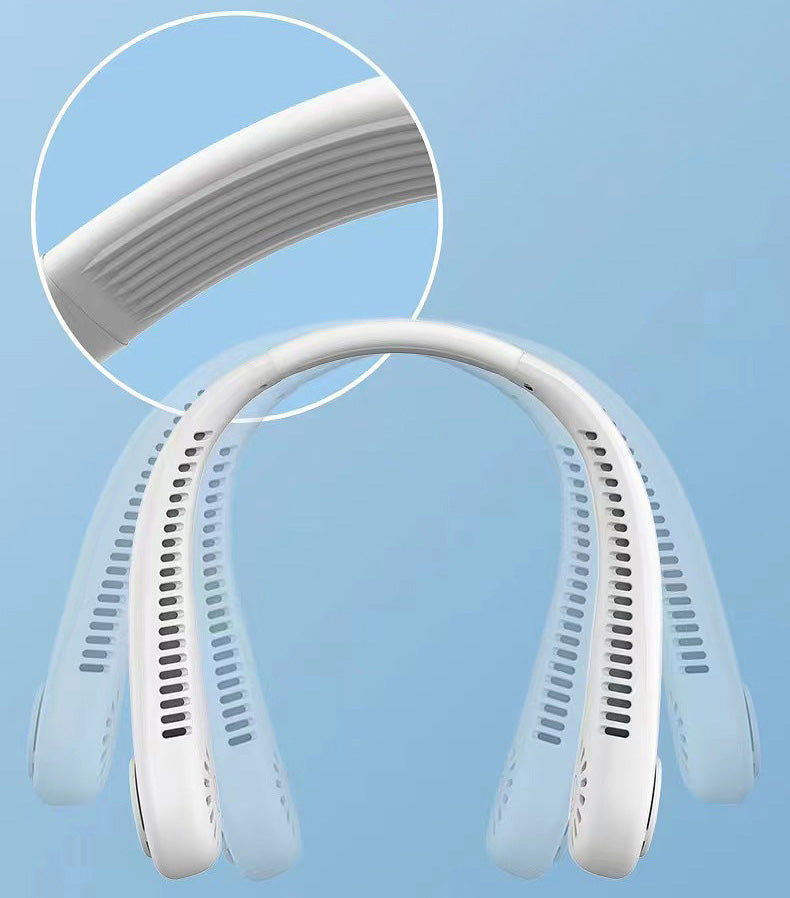 Unisex traveler wearing a portable 5-speed neck cooling fan. Bladeless design for comfortable travel.