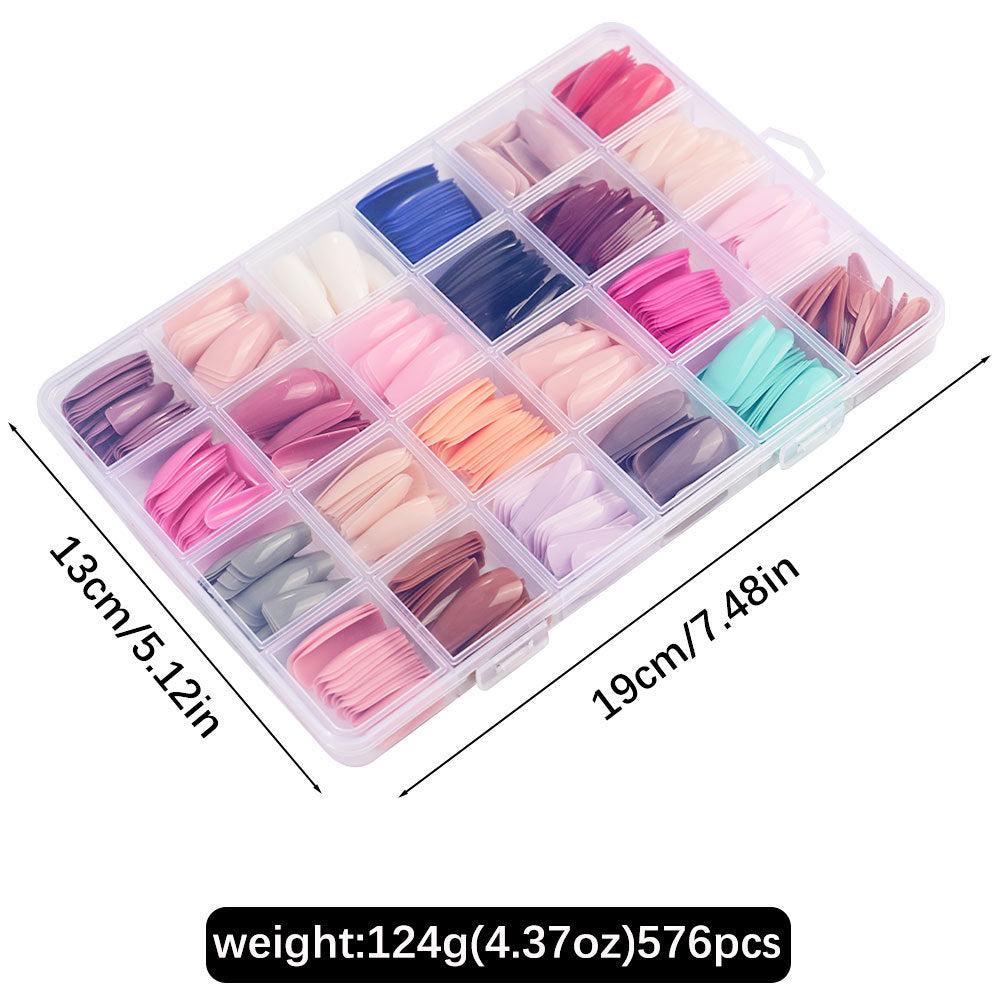Organized 576-piece gel nail tips kit in a clear case for easy selection, professional manicure supplies.