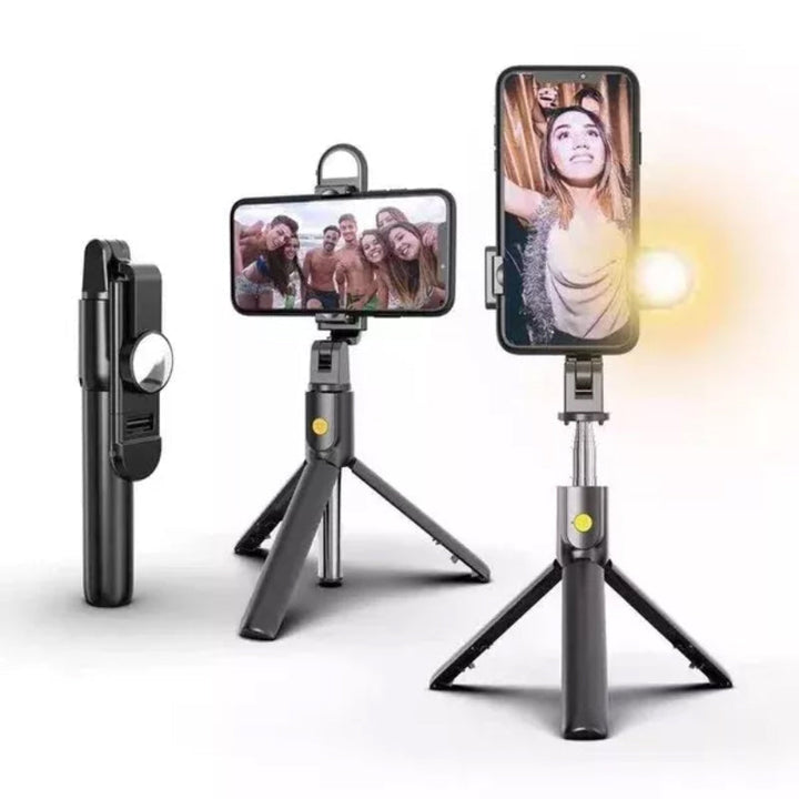 Wireless selfie stick tripod with ring light for smartphones, enhancing photography and videography quality.