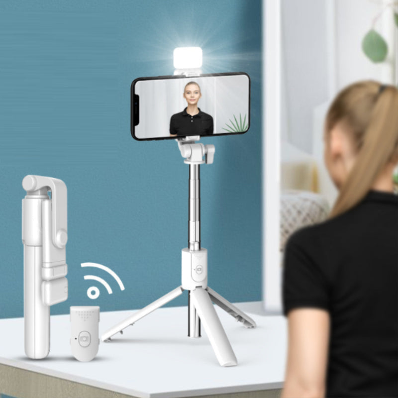 Stable adjustable phone tripod stand with Bluetooth remote & fill light, perfect for hands-free photography.