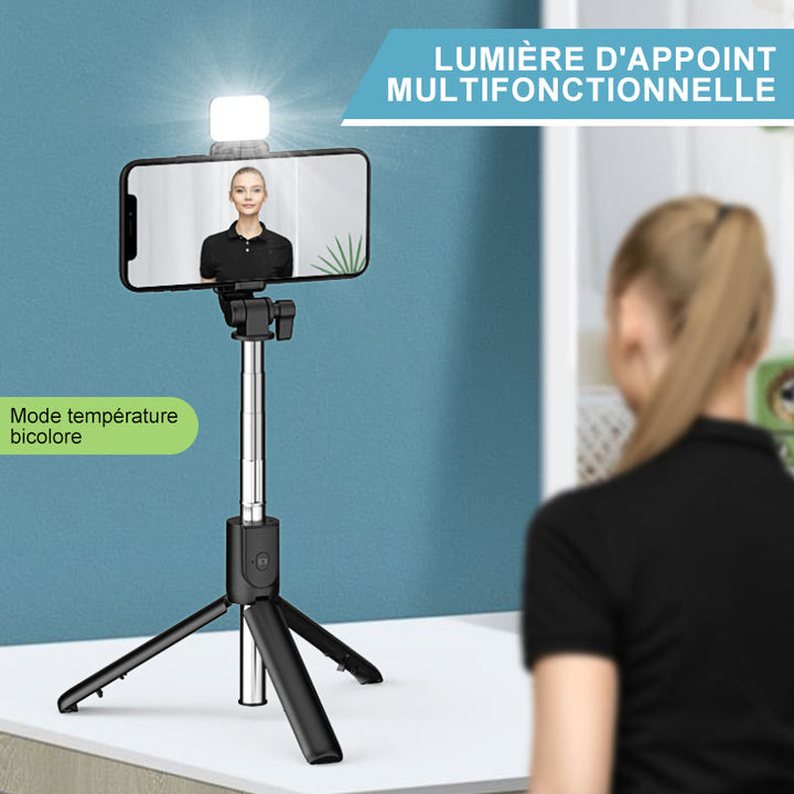 Portable Bluetooth selfie stick for smartphones, featuring a stable tripod & LED fill light for perfect selfies.
