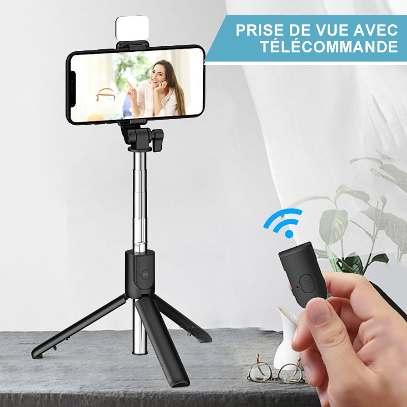 Adjustable 6-in-1 phone holder tripod with wireless remote & bright fill light, ideal for vlogging & content.