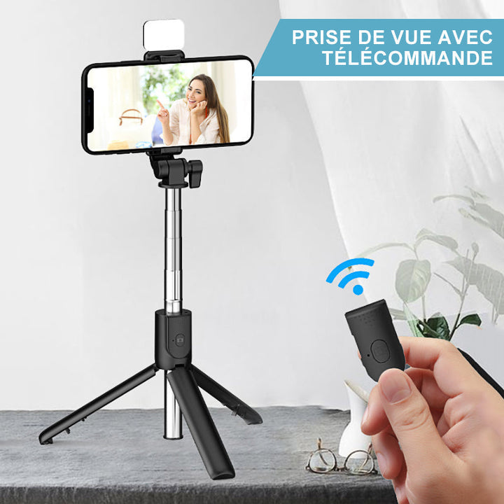 Adjustable 6-in-1 phone holder tripod with wireless remote & bright fill light, ideal for vlogging & content.