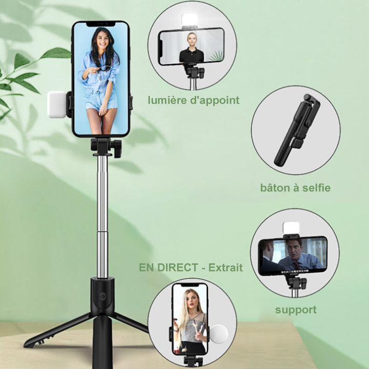 Versatile phone tripod with fill light & Bluetooth remote for group photos, vlogging, and live streaming.