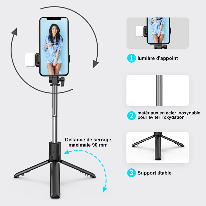 Extendable selfie stick with built-in LED fill light and stable tripod base for clear mobile video calls.