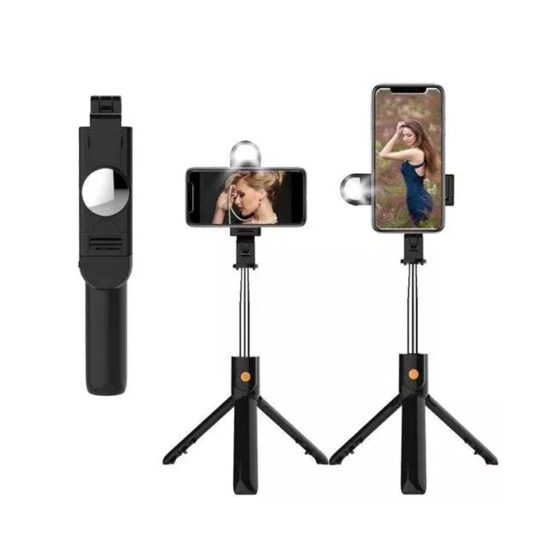 All-in-one content creator kit: 6-in-1 selfie stick, tripod, phone holder, Bluetooth remote, and fill light.