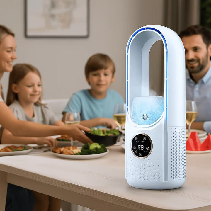 Portable USB powered bladeless personal cooler with humidifier for quiet desk air comfort.