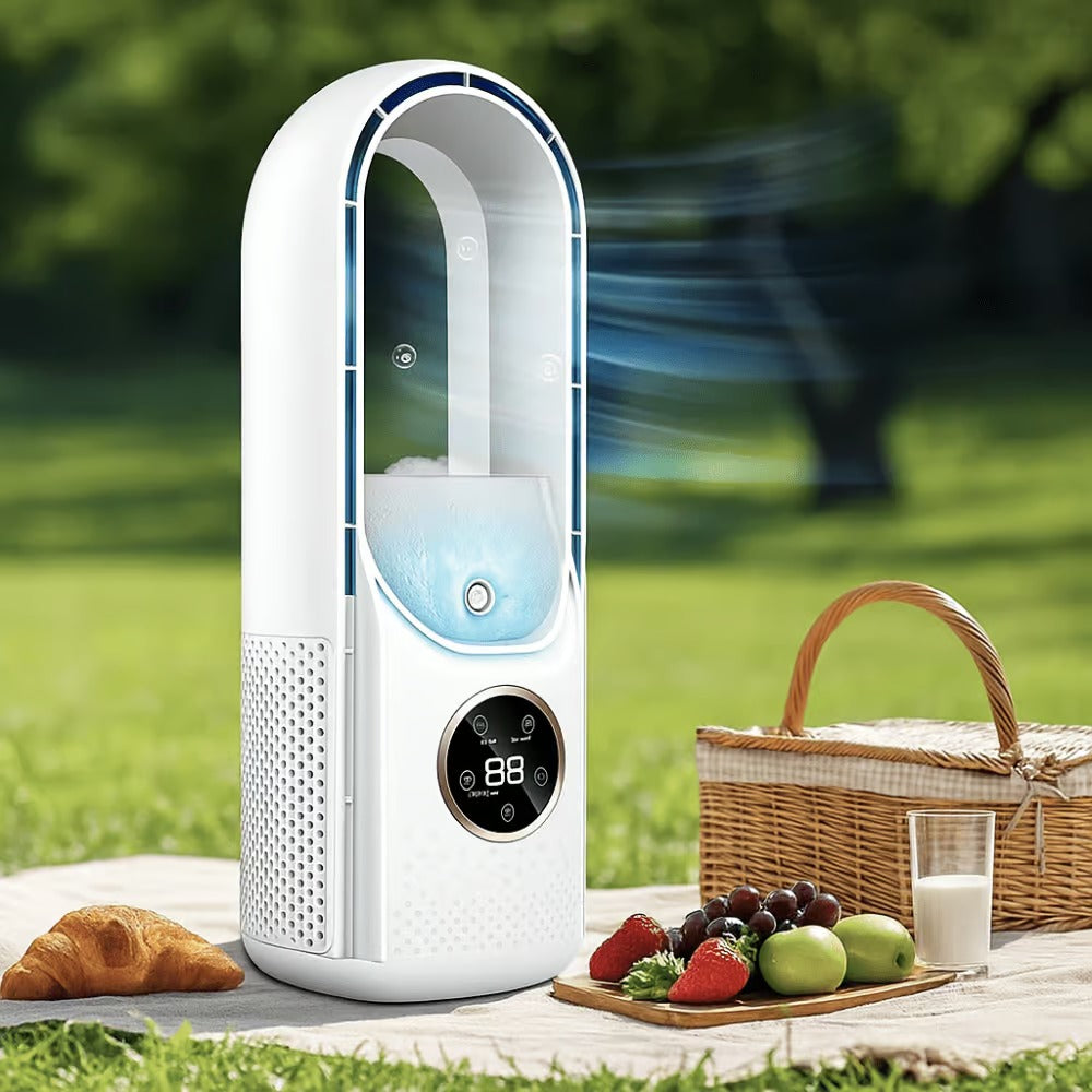 Compact bladeless evaporative cooler & humidifier. 6-speed air comfort for any personal space.