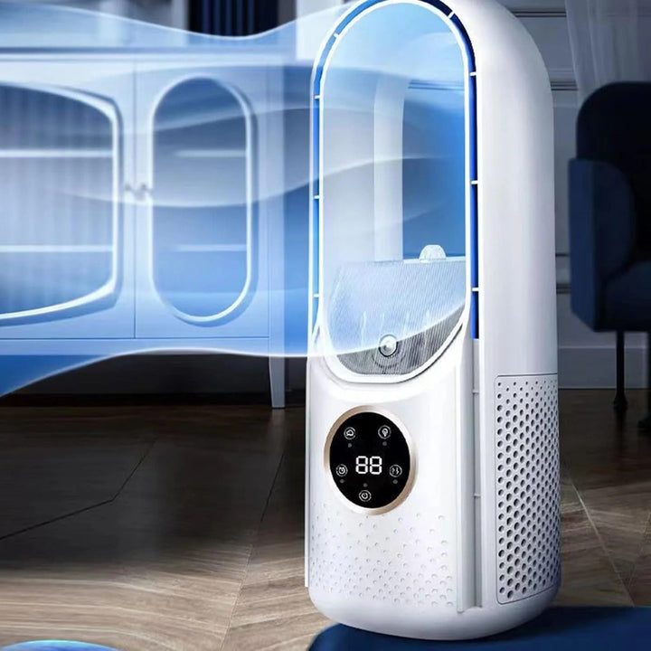 Quiet 6-speed personal air cooler with humidifier. Bladeless design for safe home cooling.