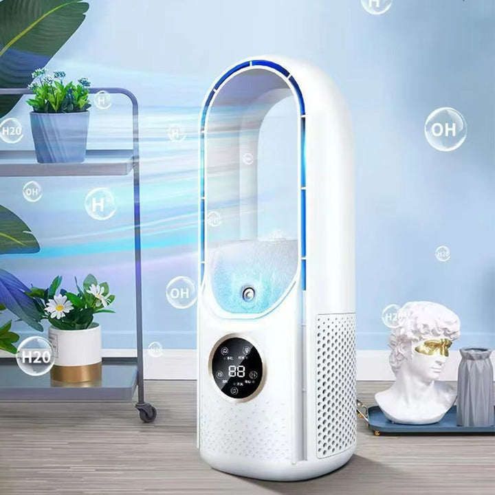 USB powered personal bladeless fan and humidifier. Portable evaporative cooler for desk use.