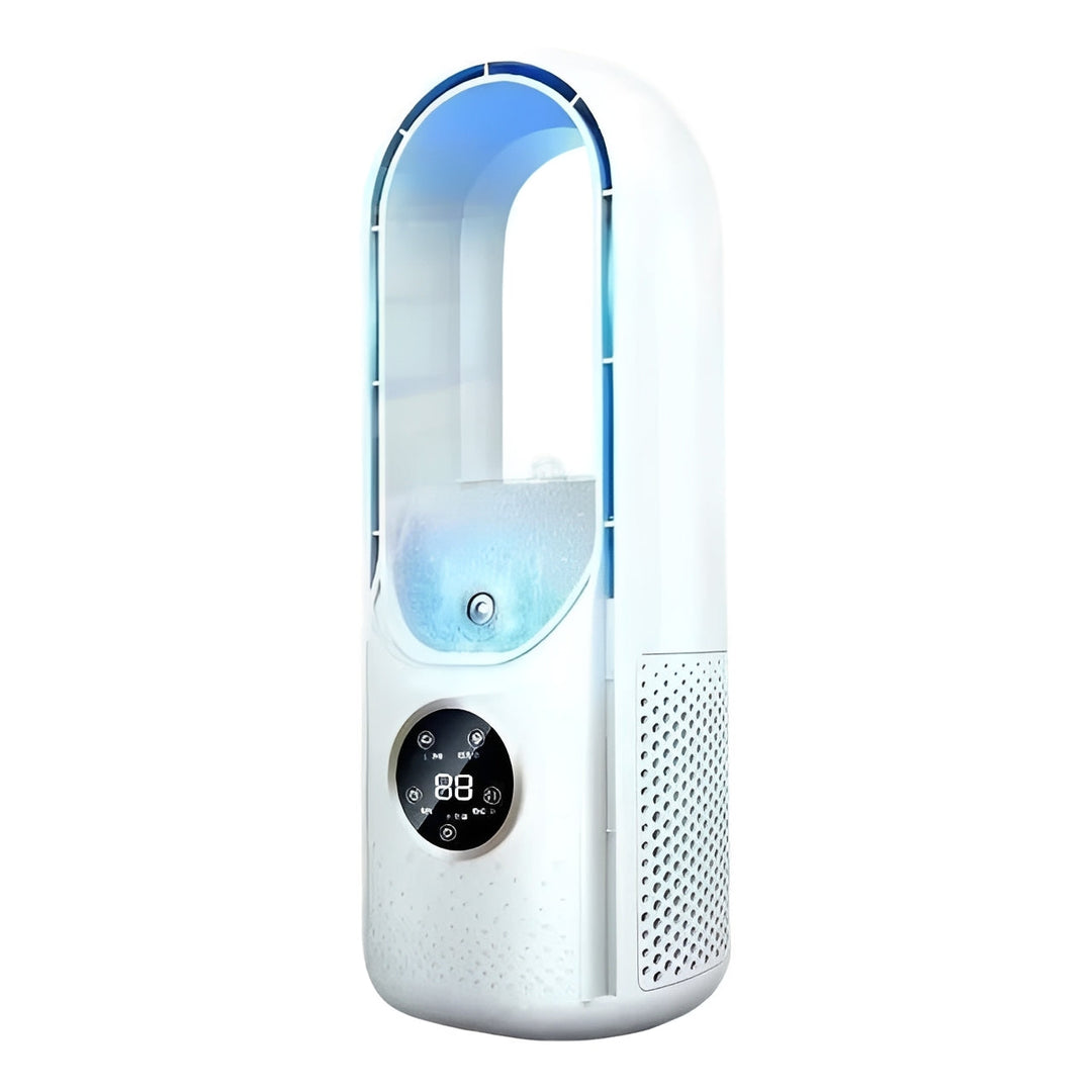 Evaporative bladeless personal air cooler with 6-speed fan and humidifier. Ideal for quiet home cooling.