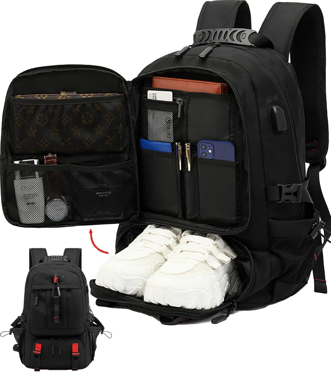 Unisex 60L travel backpack, waterproof, TSA friendly, with laptop compartment & USB charging.