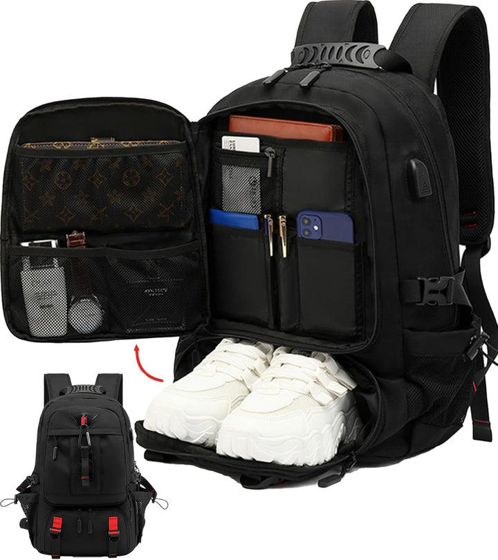 Unisex 60L travel backpack, waterproof, TSA friendly, with laptop compartment & USB charging.