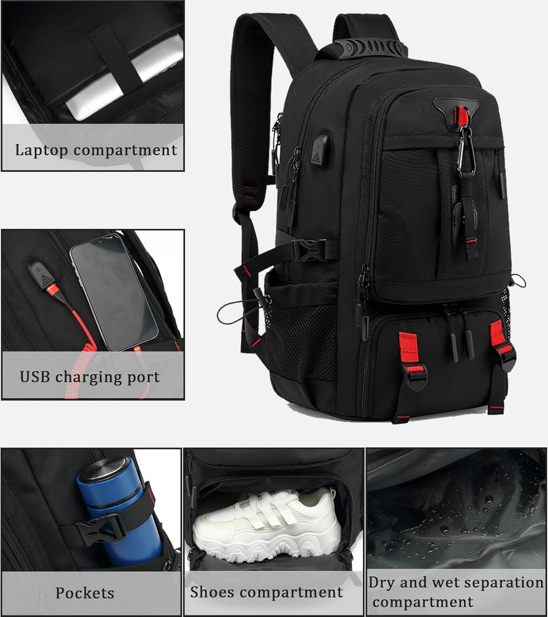 Black 60L travel backpack with dedicated shoe compartment & laptop sleeve, perfect for business trips.
