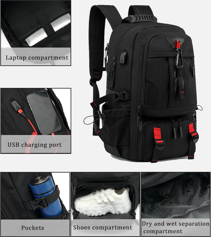 Black 60L travel backpack with dedicated shoe compartment & laptop sleeve, perfect for business trips.