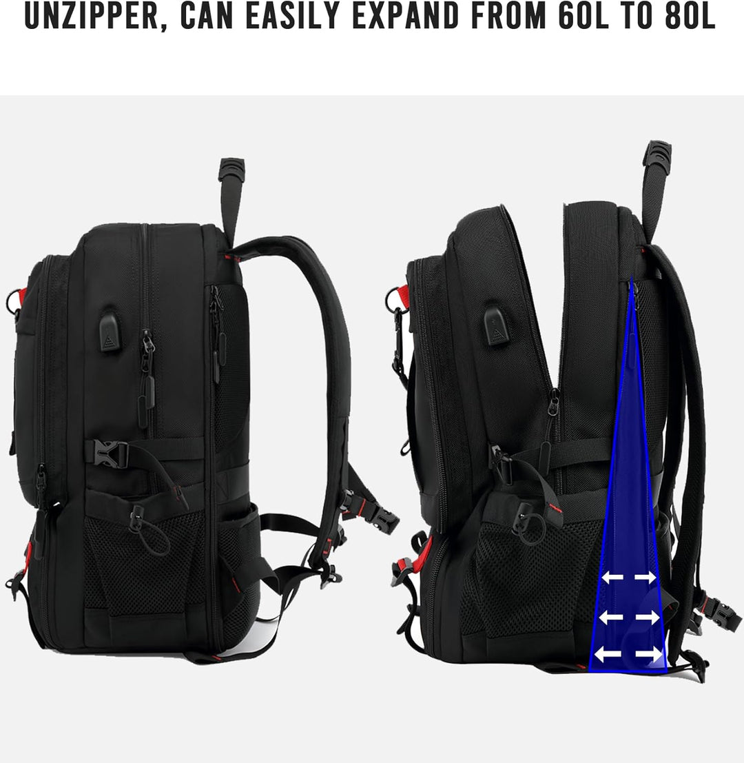 Durable, waterproof 60L travel backpack for men & women, features secure laptop sleeve & USB port.