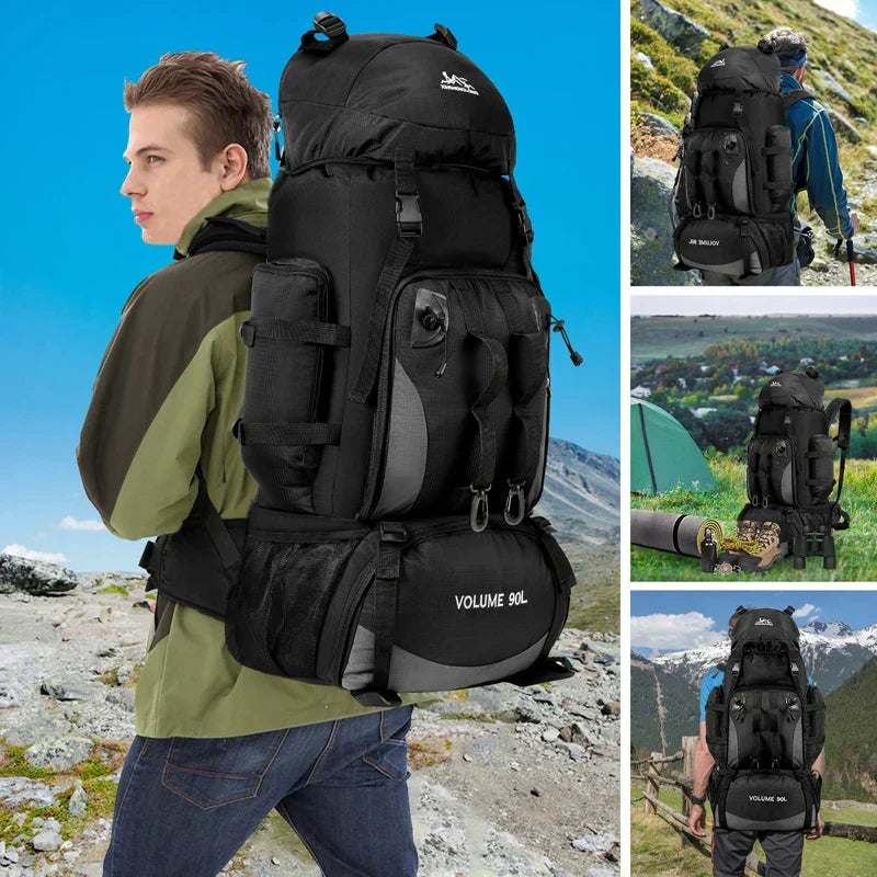Unisex 90L water-resistant hiking & camping backpack, perfect for large capacity outdoor adventures.