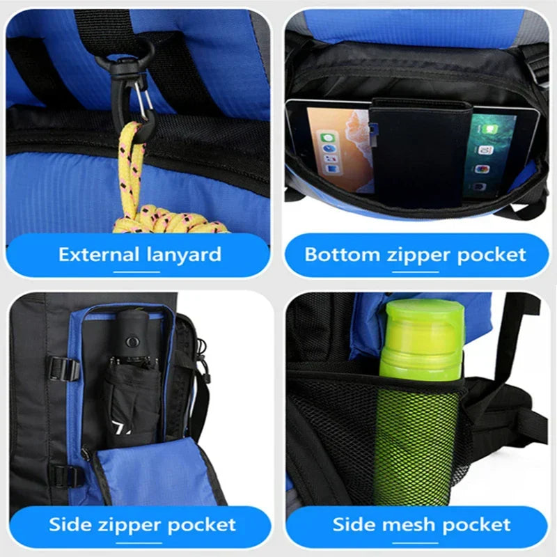 Ergonomic design & padded straps on a 90L unisex water-resistant backpack for comfortable long hikes.