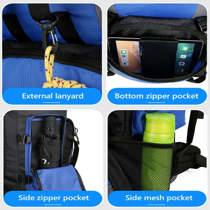 Ergonomic design & padded straps on a 90L unisex water-resistant backpack for comfortable long hikes.