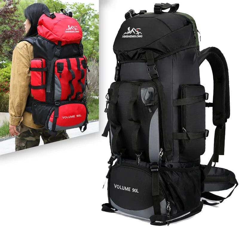 Multi-pocket 90L unisex hiking & camping travel backpack, offering organized storage for outdoor gear.