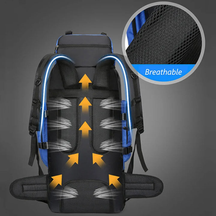 Robust buckles & adjustable straps on a 90L water-resistant unisex backpack for secure load carrying.