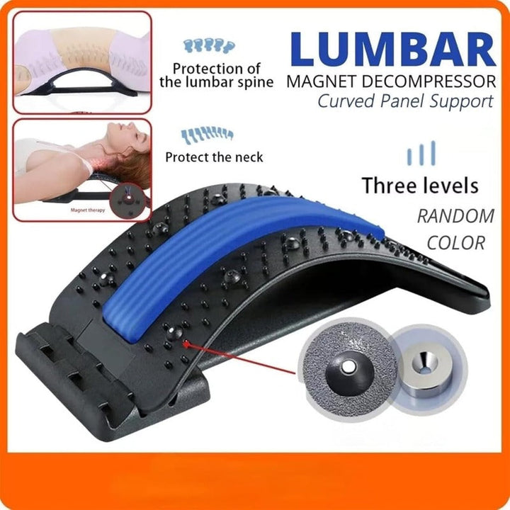 Adjustable lumbar back stretcher with 3 levels, ideal for spine decompression, acupressure & back massage.