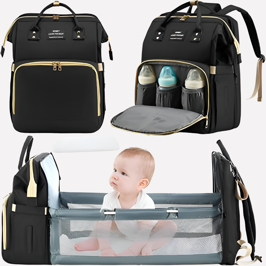 Unisex all-in-one diaper bag in gray, featuring a spacious main compartment, integrated USB port, and portable changing pad.