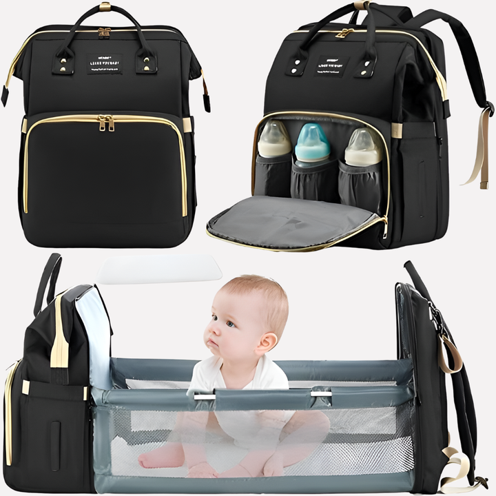 Unisex all-in-one diaper bag in gray, featuring a spacious main compartment, integrated USB port, and portable changing pad.