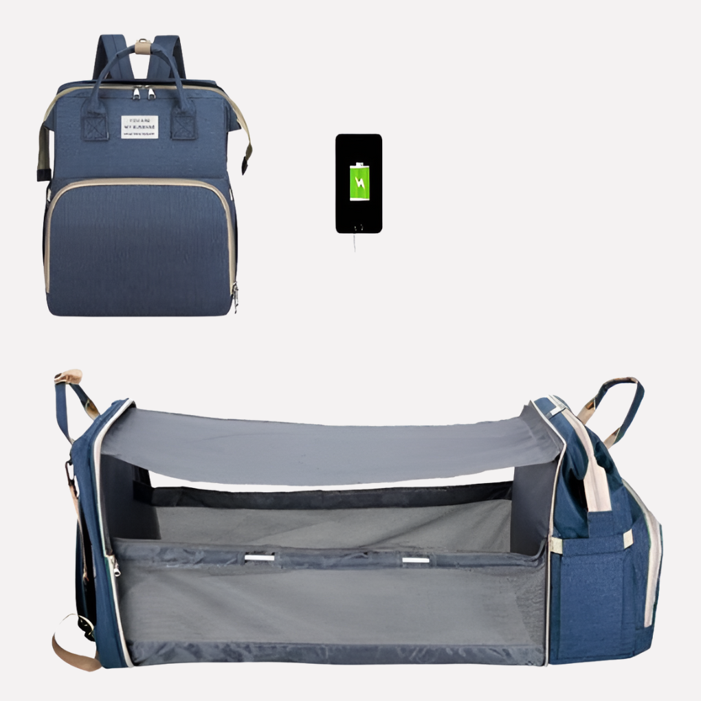 Stylish unisex diaper backpack in black with insulated pockets, a convenient USB charging port, and a handy changing pad for travel.