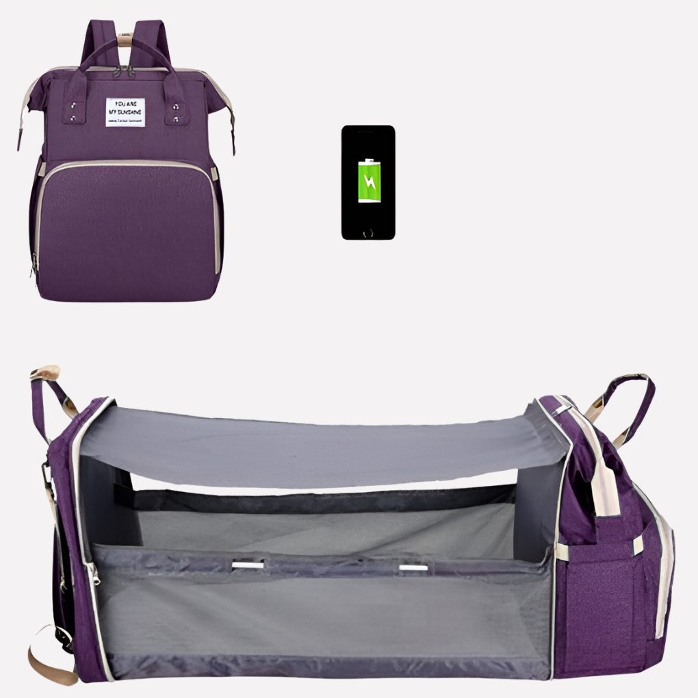 Modern unisex diaper bag with ample storage, a built-in USB charger for devices, and a detachable changing pad, ideal for new parents.