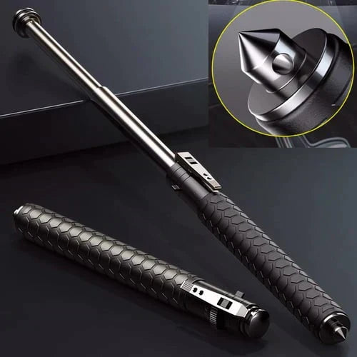 Unisex automatic folding black aluminum walking cane, portable & adjustable for travel support and mobility.