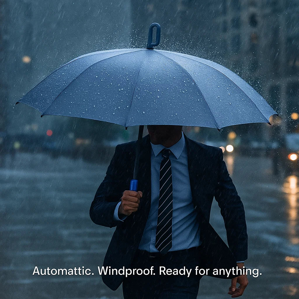 One-touch automatic open/close on this unisex windproof folding umbrella, featuring a safety reflective strip.