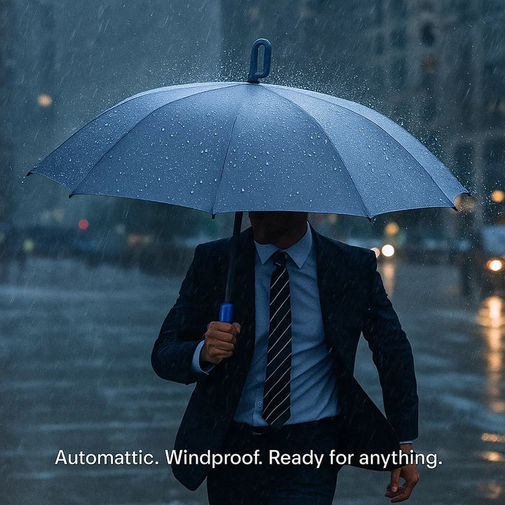 One-touch automatic open/close on this unisex windproof folding umbrella, featuring a safety reflective strip.