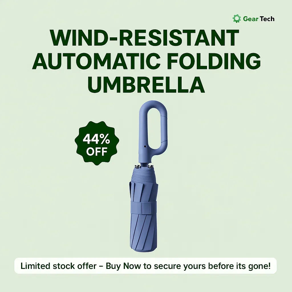 Compact travel-ready unisex windproof umbrella with automatic fold & reflective strip for secure journeys.