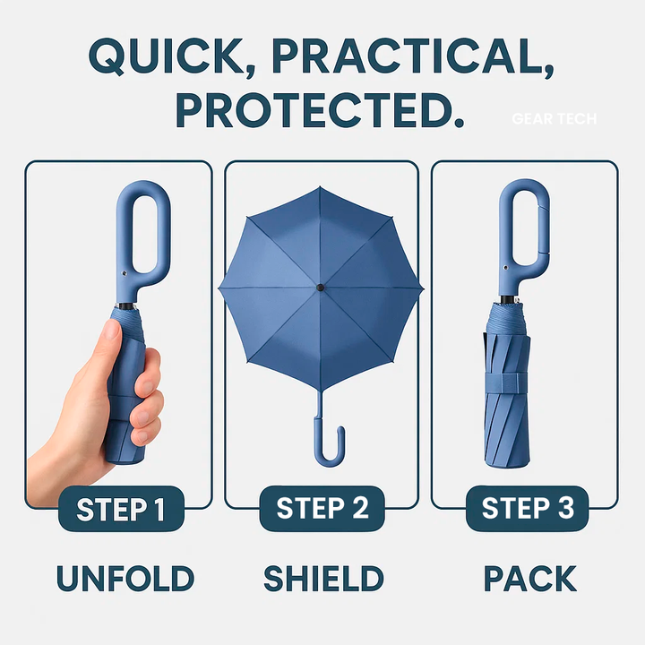 Sleek black unisex automatic folding umbrella, windproof, with a visible reflective strip for night safety.
