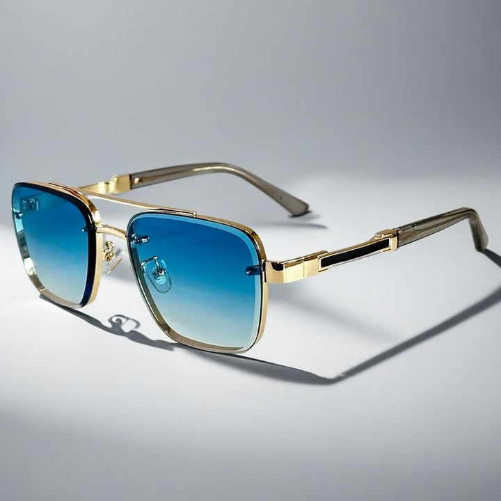 Aviator square sunglasses for men and women, gold-tone metal frame, stylish gradient lenses.