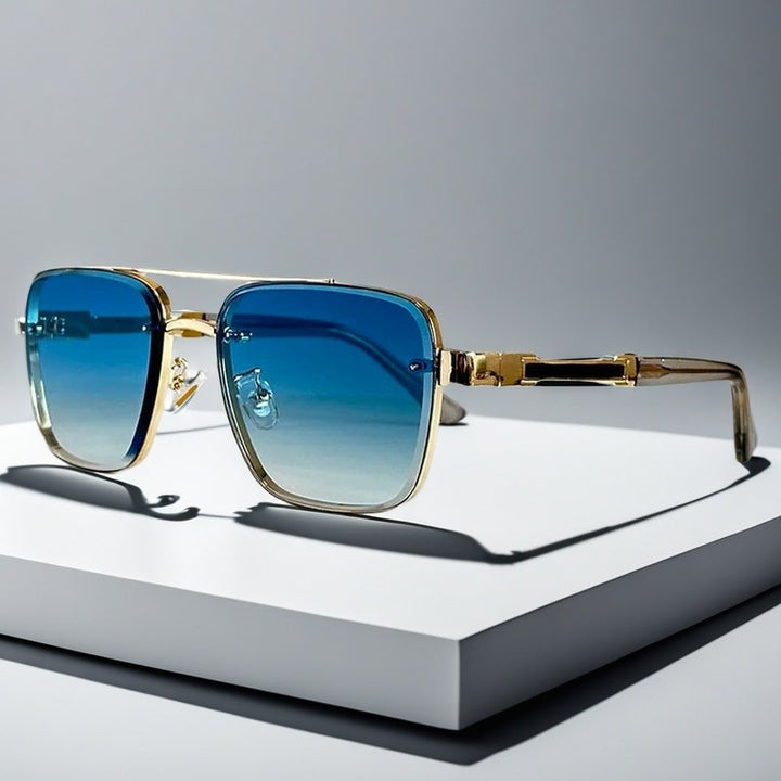 Gold-tone metal frame square aviator sunglasses with fashionable gradient sun protection lenses.