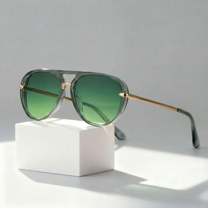 Unisex aviator sunglasses with a stylish double bridge metal frame, perfect for casual wear & eye protection.