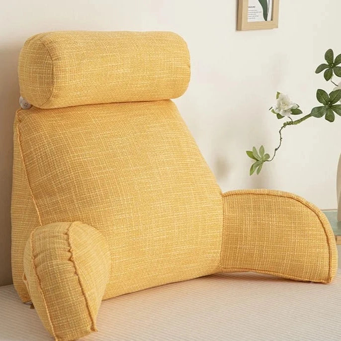 Unisex backrest pillow with arms & adjustable headrest for ultimate home comfort and lumbar support.