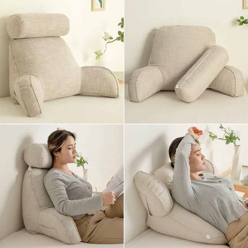 Decorative backrest pillow with arms, adjustable headrest, and washable cover for stylish home comfort.