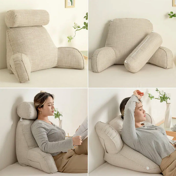 Decorative backrest pillow with arms, adjustable headrest, and washable cover for stylish home comfort.