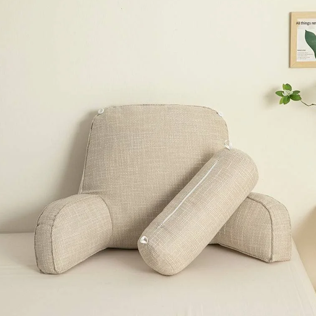 Comfortable lounge pillow with arms & adjustable headrest, ideal for sitting up in bed or on the sofa.