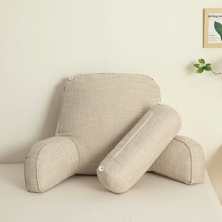 Comfortable lounge pillow with arms & adjustable headrest, ideal for sitting up in bed or on the sofa.