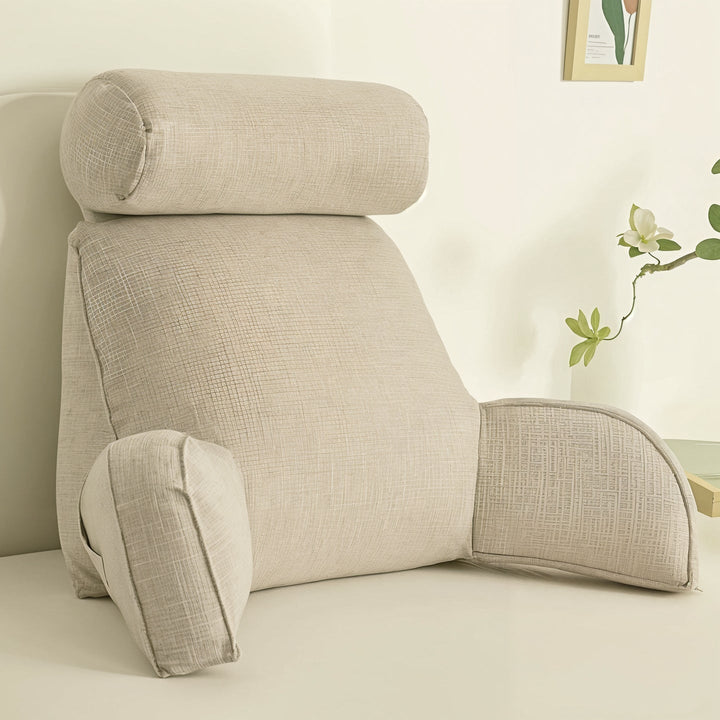 Unisex backrest pillow with arms, adjustable headrest & washable cover for easy maintenance and comfort.