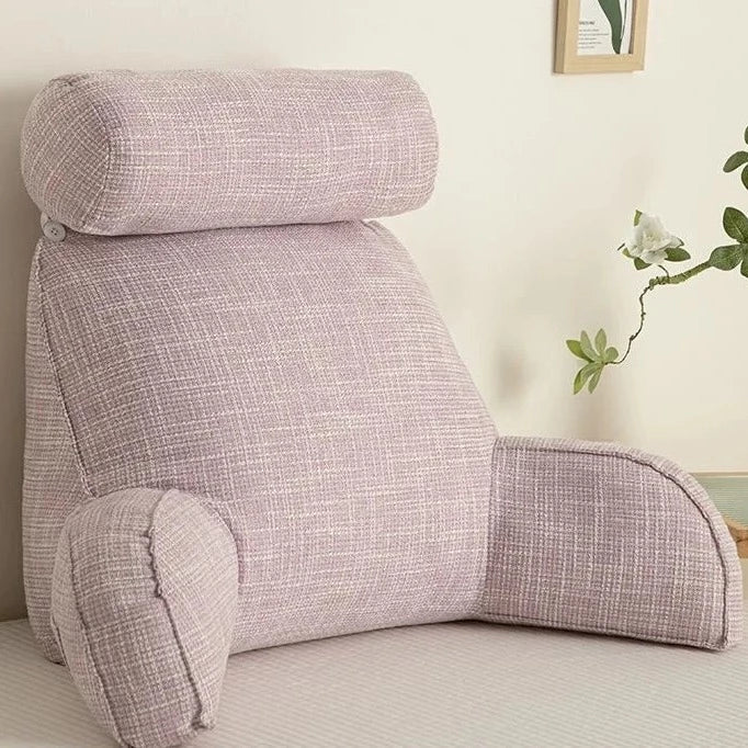 Ergonomic backrest pillow for reading, with soft arms, adjustable headrest, and robust lumbar support.